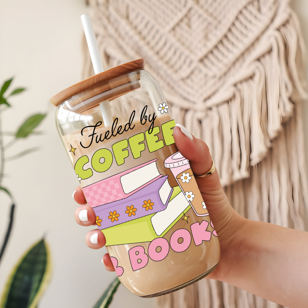 Glass Cup 500 ml - Fueled By Coffee And Books