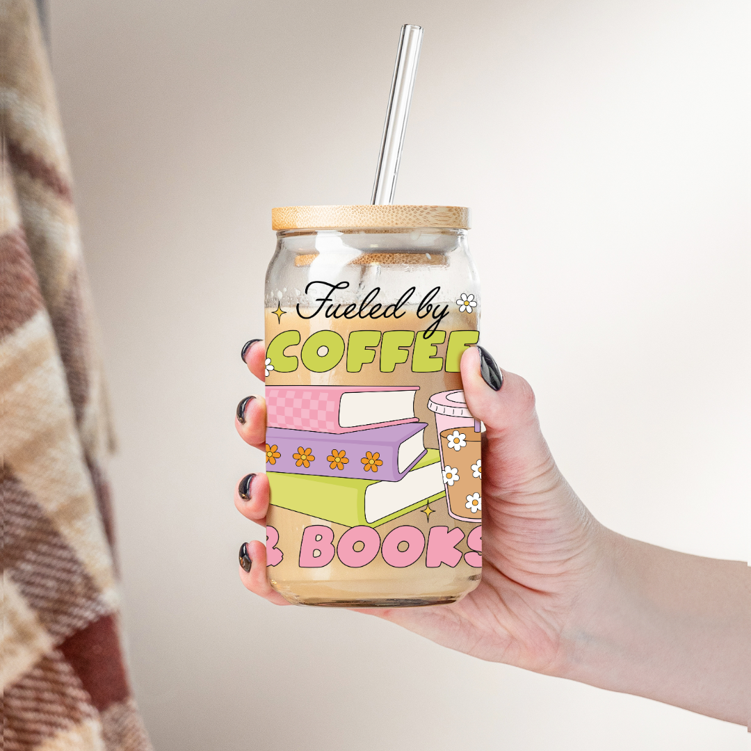 Glass Cup 500 ml - Fueled By Coffee And Books