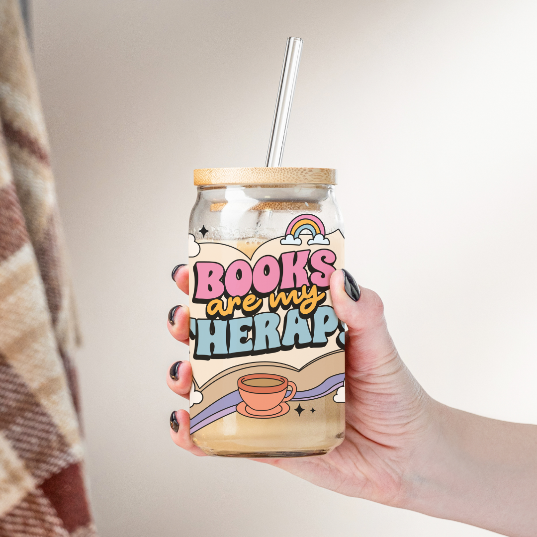 Glass Cup 500 ml - Books Are My Therapy