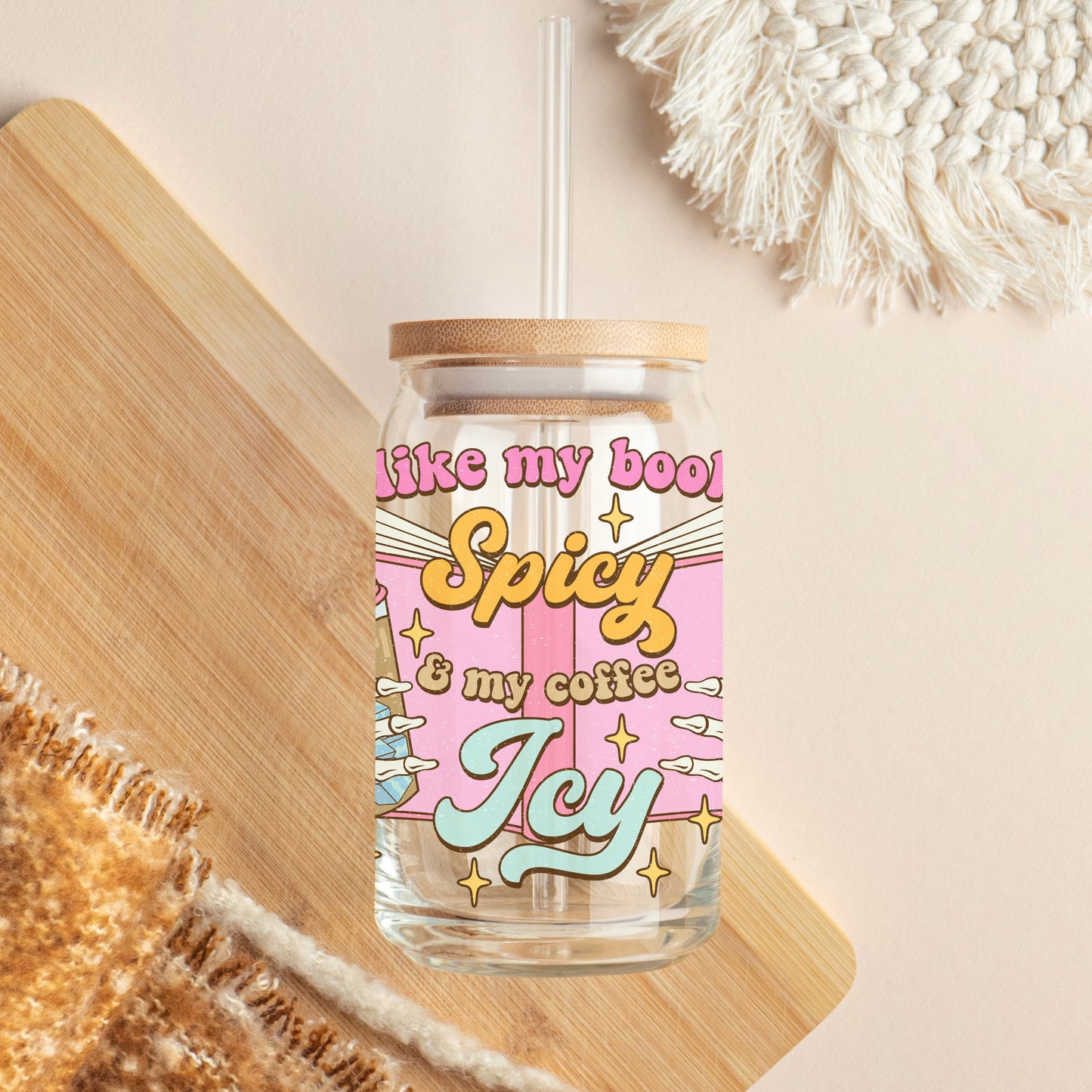 Glass Cup 500 ml - I Like My Books Spicy & My Coffee Icy