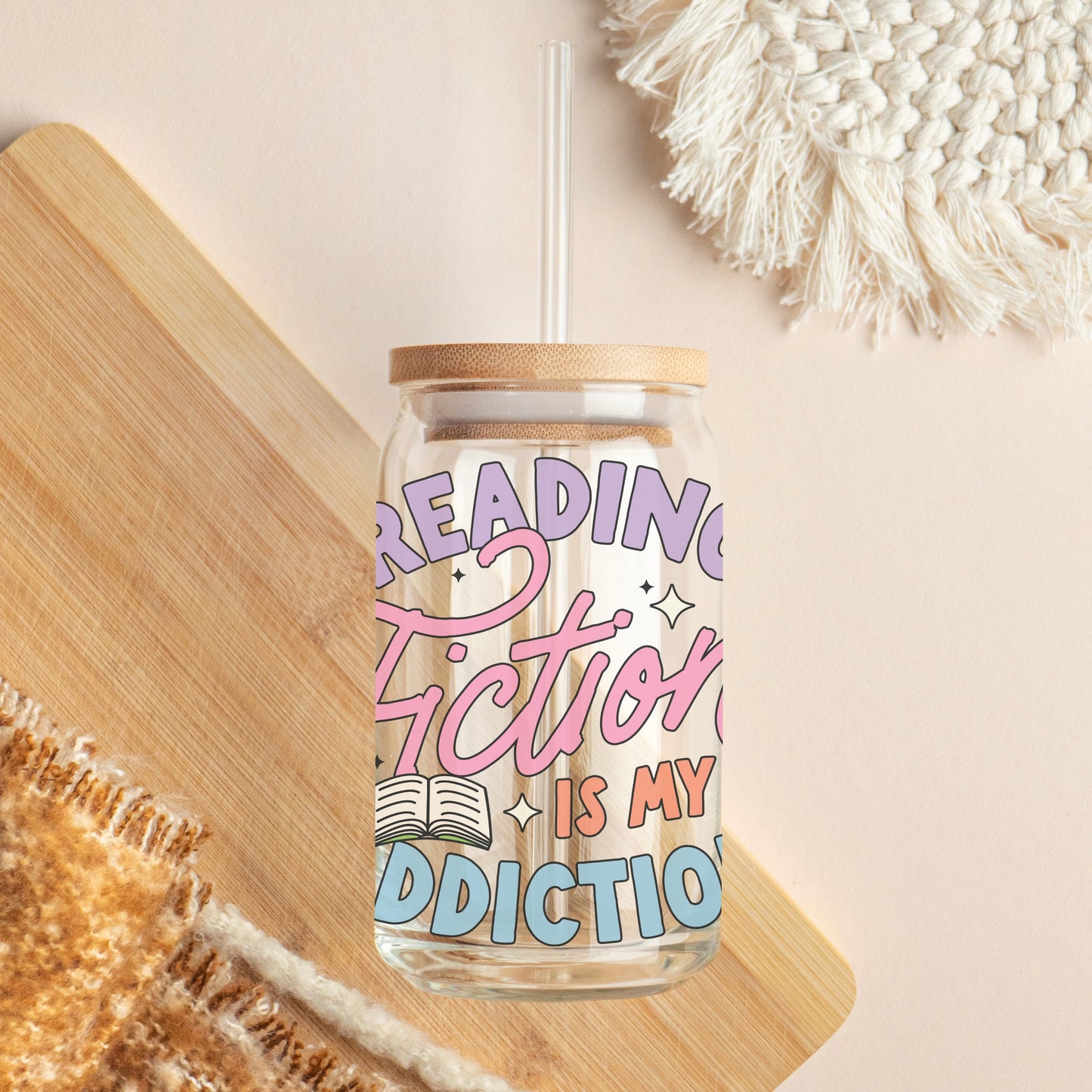 Glass Cup 500 ml - Reading Fiction Is My Addiction