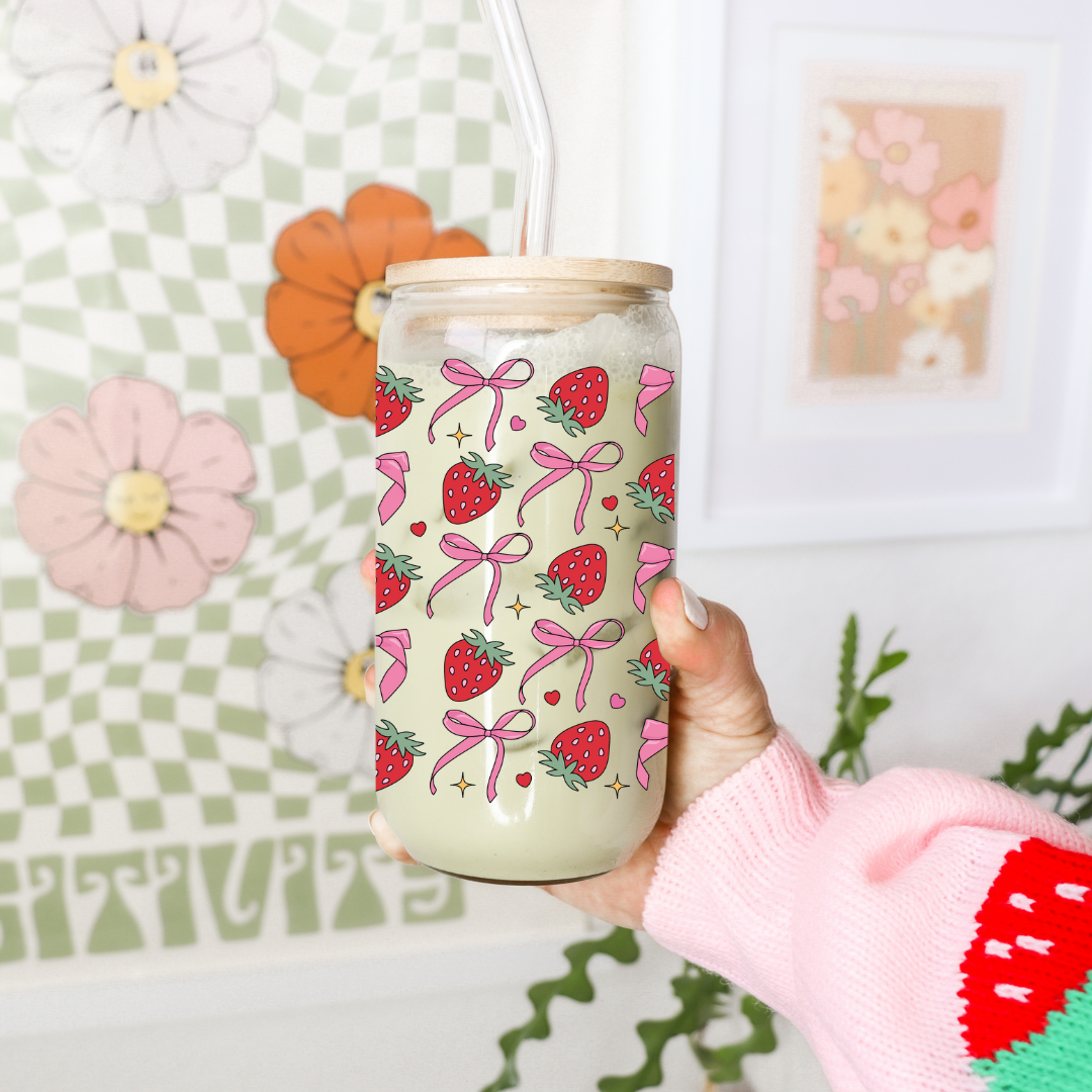 Glass Cup 500 ml - Bows And Strawberries