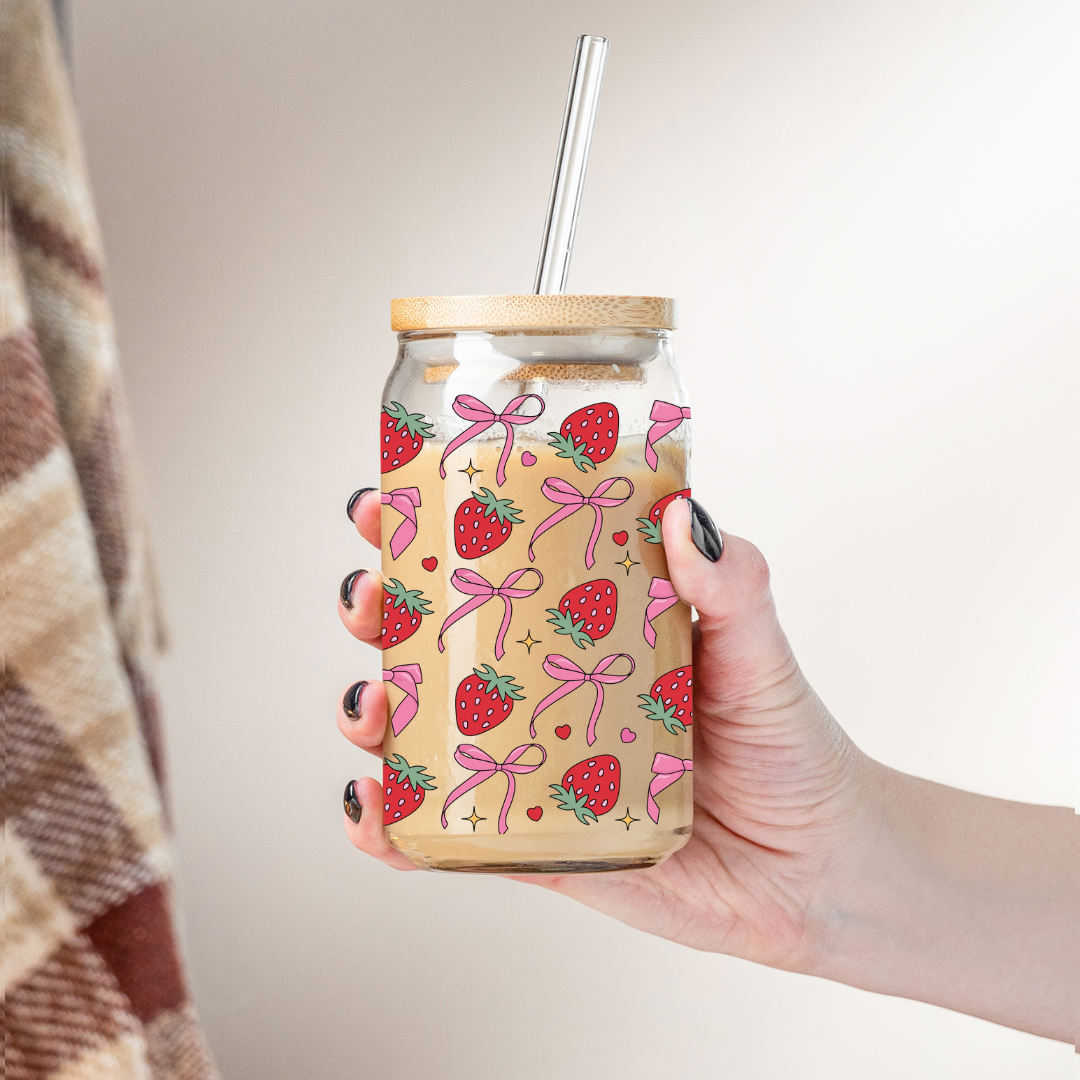 Glass Cup 500 ml - Bows And Strawberries